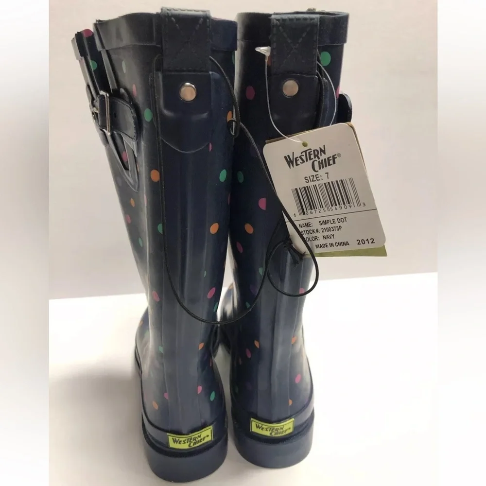Western Chief Women’s Polka Dot Rain Boots Navy, Size 7 M.